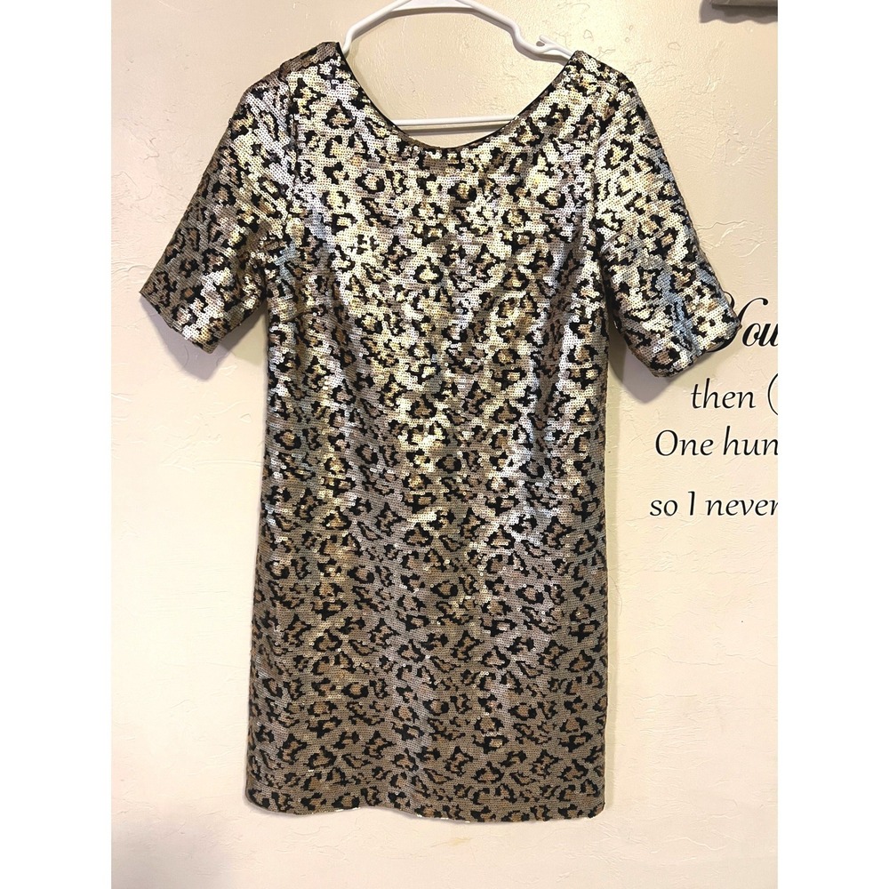 Betsey Johnson Gold Sequin Animal Leopard Print Shift Mini Dress 6 Club Glam Max - Picture 2 of 8